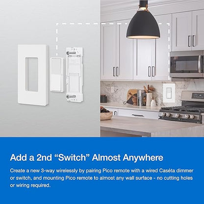 Lutron Diva Smart Dimmer Light Switch 3-Way Kit for Caseta Smart Lighting, w/Plate, Pico Remote, Wallmount Bracket, and Label Stickers, No Neutral Required, DVRF-PKG1D-WH