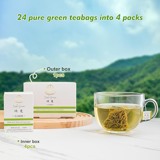 GTGLOTRA Full-Leaf Loose Green Tea, 24 Pyramid Bags(4 Pack), 100% Natural No Additives, Caffeine Alternative to Coffee, Easy Brew, Biodegradable Tea Whole Leaf Tea Sampler,, Family Size, Suitable for Gifts, Office Reception