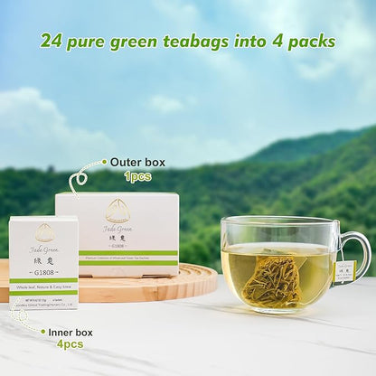 GTGLOTRA Full-Leaf Loose Green Tea, 24 Pyramid Bags(4 Pack), 100% Natural No Additives, Caffeine Alternative to Coffee, Easy Brew, Biodegradable Tea Whole Leaf Tea Sampler,, Family Size, Suitable for Gifts, Office Reception