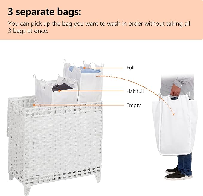 Laundry Hamper with 3 Removable Liner Bags; 132L Handwoven Rattan Laundry Basket with Lid & Heightened Feet; Clothes Hamper with Side Handles; Laundry Sorter with 3 Separate Sections (White)