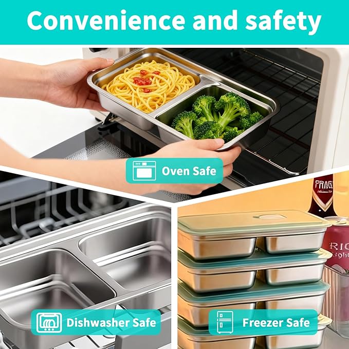 2 Pack Stainless Steel Snack Containers with Lids, Reusable Leak-Proof 2-Compartment Bento Box, Portable Food Storage Lunch Box for Work, Travel, Meal Prep