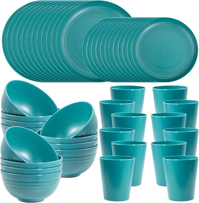 LIYH 48 Pcs Green Wheat Straw Plates and Bowls set - Plastic Dinnerware Set - Dishwasher Safe Camping Plates Dishes Set for 12, Unbreakable Wheat Straw Plate Bowls Reusable 12 Guests