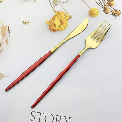 JASHII Flatware Serving Set 24 Piece, Stainless Steel Silverware Set, Red Gold Cutlery Set, Modern Elegant Tableware Set for Party, Christmas, Dinner (Red Gold)