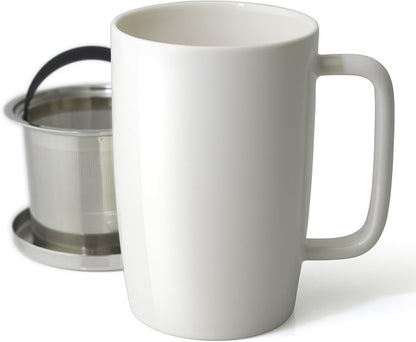 FORLIFE Dew Glossy Finish Brew-In-Mug with Basket Infuser & "Mirror" Stainless Lid 18 oz., White