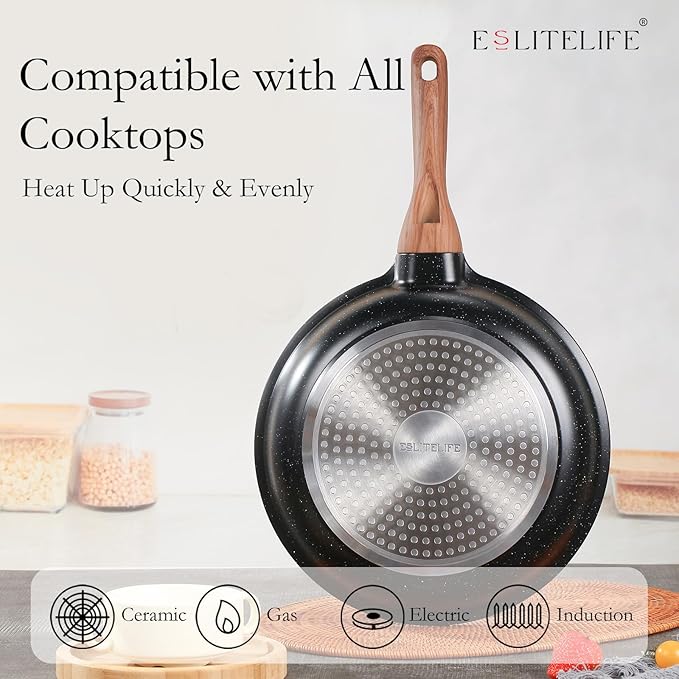 ESLITE LIFE Nonstick Ceramic Frying Pan Skillet with Lid, Non-Toxic Egg Omelette Kitchen Cooking Pans Compatible with All Stovetops (Gas, Electric & Induction), PTFE & PFOA Free (Black, 9.5" w/Lid)