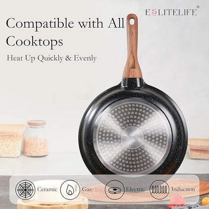 ESLITE LIFE Nonstick Ceramic Frying Pan Skillet with Lid, Non-Toxic Egg Omelette Kitchen Cooking Pans Compatible with All Stovetops (Gas, Electric & Induction), PTFE & PFOA Free (Black, 9.5" w/Lid)