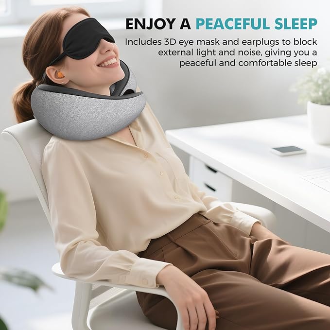 Travel Neck Pillows for Airplanes - 360° Ergonomic Memory Foam Travel Pillow - Relief Neck Pain with Breathable Support for Long Flights, Car, Train & Office Use - Adults & Kids