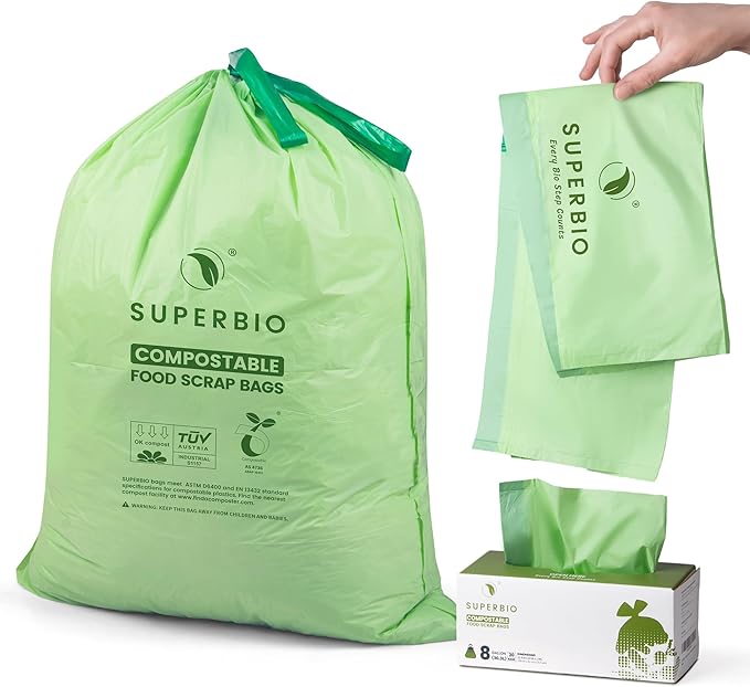 SUPERBIO 8 Gallon Compostable Drawstring Kitchen Waste Bags,30.3 Liter, 30 Count, 1 Mil,Heavy Duty Food Waste Bags, BPI, Seedling and OK compost INDUSTRIAL