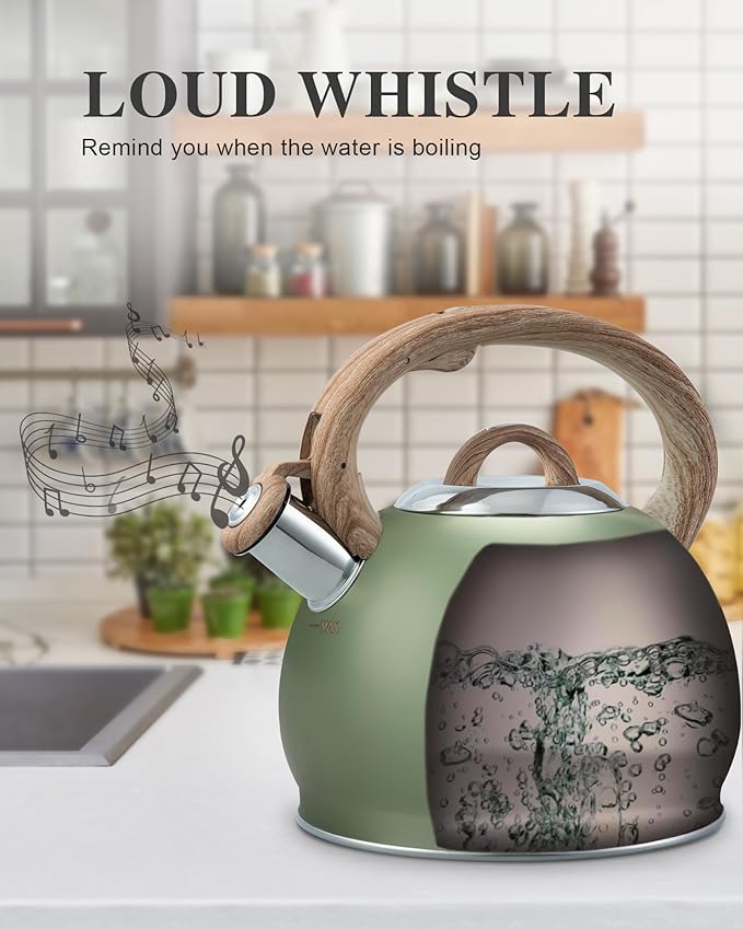Tea Kettle Stovetop, 2.7 Quart Stove Top Whistling Tea Kettle, Teapot Kettles with Food Grade Stainless Steel and Wood Pattern Handle, Suitable for All Heat Sources