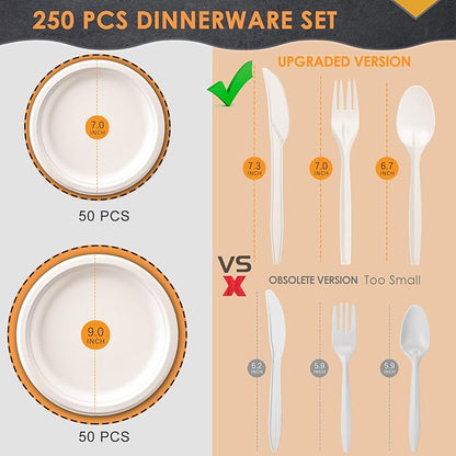 Gezond Compostable Paper Plates 250pcs Disposable Plates Heavy-Duty Paper Plates Biodegradable White Plates for Party Sugarcane Plates Cornstarch Forks Knives Spoons for 50 Guests