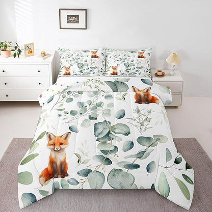Erosebridal Girls Cartoon Animal Queen Size Comforter Set for Kids Toddler Kawaii Fox Bedding Set, Woodland Wildlife Down Comforter Jungle Wild Fox Bed Set, Botanical Green Eucalyptus Quilted Duvet