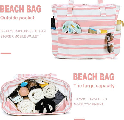 LEDAOU Beach Bag Waterproof Sandproof Women Tote Bag Pool Bag with Zipper for Gym Grocery Travel with Wet Pocket