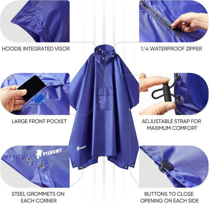 PTEROMY Hooded Rain Poncho for Adult with Pocket, Waterproof Lightweight Unisex Raincoat for Hiking Camping Emergency