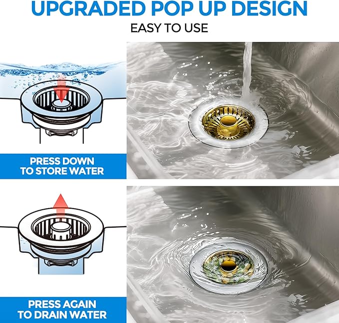 zaa Kitchen Sink Drain Strainer - Kitchen Sink Stopper, 304 Stainless Steel Sink Drain Stopper, Sink Protector for Kitchen with Anti-Clog Filter, Fit US Standard 3-1/2'' Sink Drain Hole, Gold
