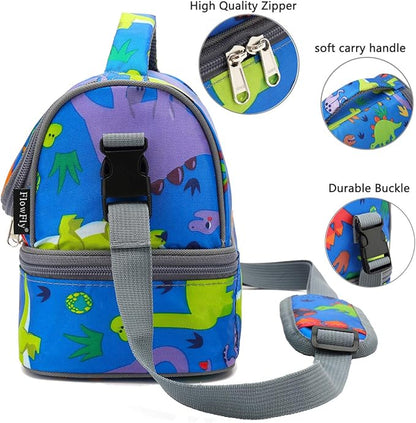FlowFly Kids Double Decker Cooler Insulated Lunch Bag Large Tote for Boys, Girls, Men, Women, With Adjustable Strap, Dinosaur