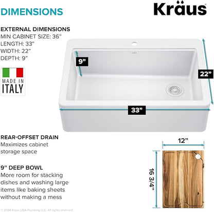 KRAUS Bellucci 33” Workstation Drop In Retrofit Farmhouse Single Bowl Granite Kitchen Sink in White with Accessories