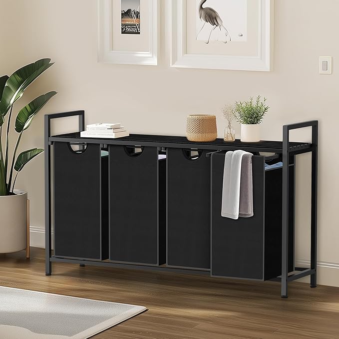 Laundry Hamper, Laundry Sorter with 4 Pull-Out Removable Oxford Fabric Bags Cloth Laundry Basket 4 x 10 Gallons (Charcoal Black)