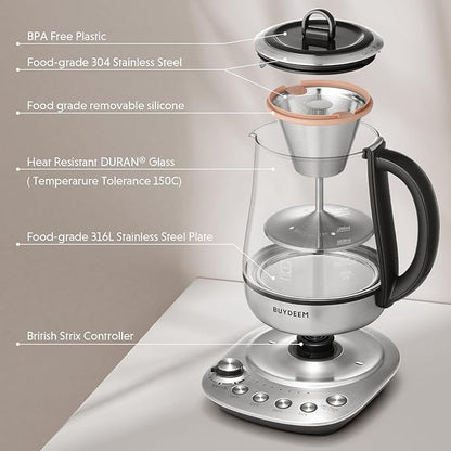 BUYDEEM K176 Tea Maker, Multifunctional Stainless Steel Electric Kettle for Tea and Coffee Brewing, Auto Keep Warm, 5 Flavor Controls, 1.5L