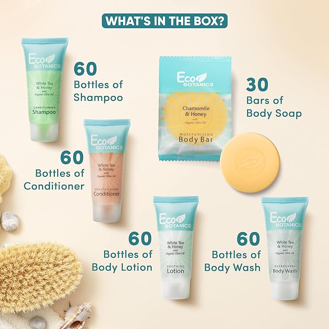 Terra Pure Eco Botanics Hotel Soaps & Toiletries Bulk Set | 0.85oz Hotel Shampoo & Conditioner, Body Wash, Body Lotion & Bar Soap Travel Size | 300 Pieces