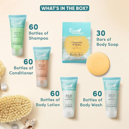Terra Pure Eco Botanics Hotel Soaps & Toiletries Bulk Set | 0.85oz Hotel Shampoo & Conditioner, Body Wash, Body Lotion & Bar Soap Travel Size | 300 Pieces