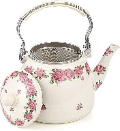 Tea Kettle Pot for Stove Top,Porcelain Large Enamel Teakettle,3.3L Colorful Teapot Floral Ceramic for Stovetop,Retro Classic Design
