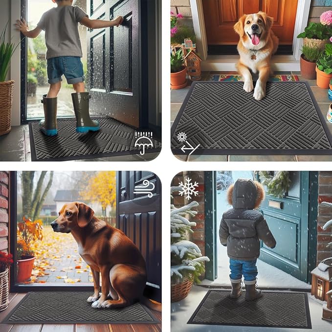Smiry Front Door Mat Outside Entrance, Heavy Duty Outdoor Indoor Natural Rubber Doormat, Non Slip, Trap Dirt and Moisture, Easy Clean, Low Profile Patio Porch Entryway Mat, 29.5x17, Grey