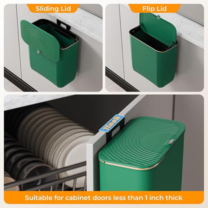 2.4 Gallon Hanging Trash Can - Small Under Sink Trash Can with Lid, Wall Mounted Compost Bin for Kitchen Cupboard Countertop, Odor-Control, Extended Clamping Ring, PET Material, Green