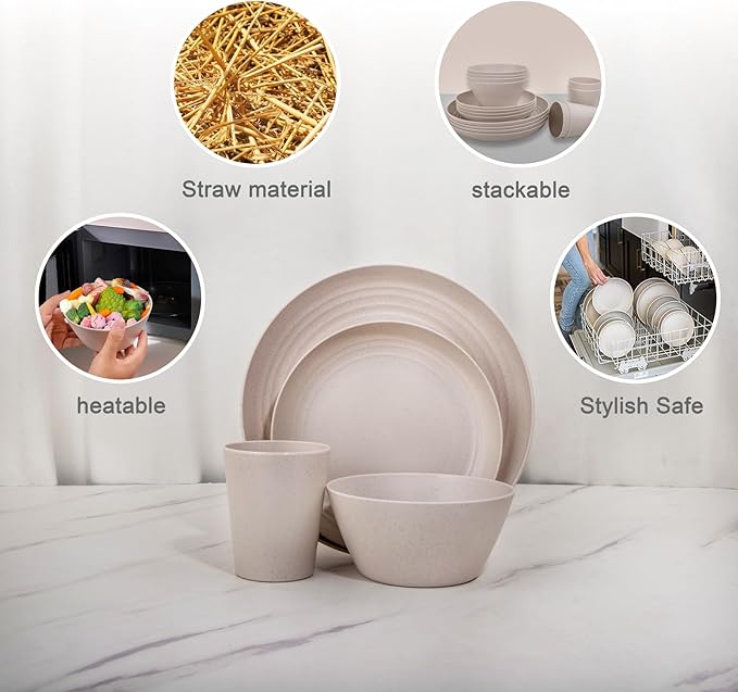 LIYH 48 Pcs Beige Plastic Wheat Straw Dinnerware Set - Reusable Plates and Bowls Sets,Unbreakable Plates Dishes Bowl Cup Outdoor Camper Dish Set for 12