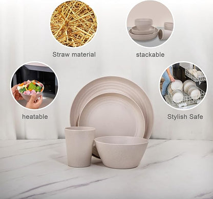 LIYH 48 Pcs Beige Plastic Wheat Straw Dinnerware Set - Reusable Plates and Bowls Sets,Unbreakable Plates Dishes Bowl Cup Outdoor Camper Dish Set for 12