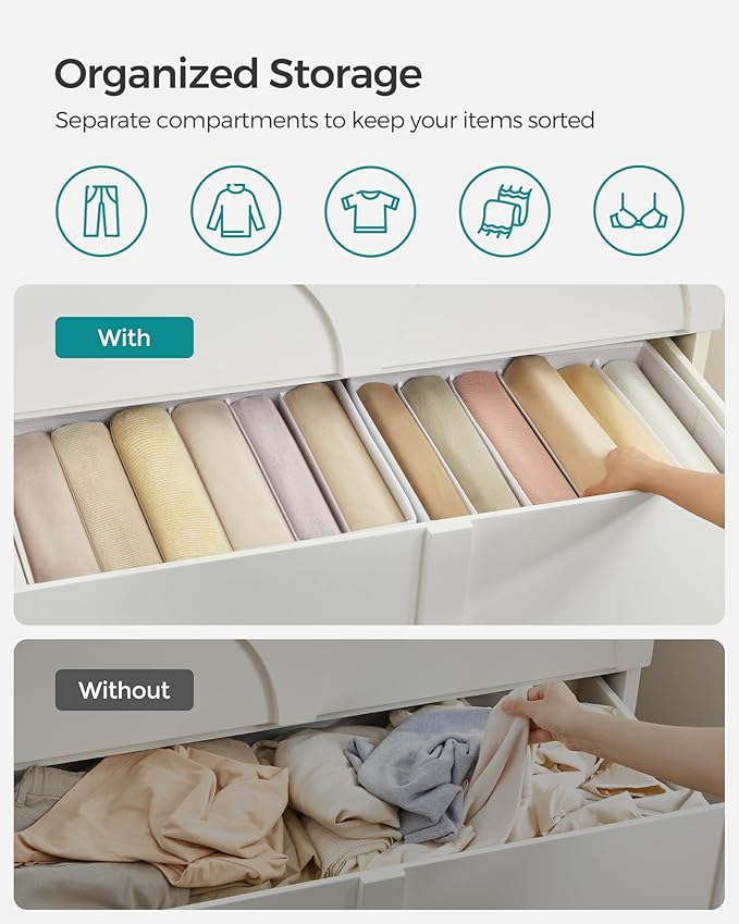 SONGMICS Set of 2 Large Size Wardrobe Clothes Organizers, 6-Compartment Foldable Drawer Organizers with Handles, 16.5 x 11.8 x 6.7 Inches, for Pants, Sweaters, Jeans, Cloud White URUS009W02