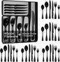 49-Piece Black Silverware Set with Organizer, Stainless Steel Flatware Set for 8 with Drawer Tray, Cutlery Steak Knives Fork Spoon for Home Restaurant, Mirror Finish, Dishwasher Safe
