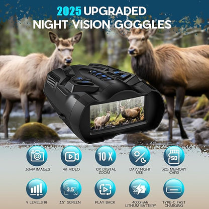 4K Night Vision Goggles for Adults,10X Zoom Night Vision Binoculars with 1000FT Infrared Range,4000mAh Rechargeable Battery,3.5" Screen,Include 32GB Card,Gift for Mens and Outdoor Enthusiasts