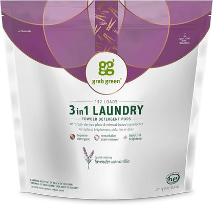 Grab Green 3-in-1 Laundry Detergent Pods, 132 Count, Lavender Vanilla Scent, Plant and Mineral Based, Superior Cleaning Power, Stain Remover, Brightens Clothes