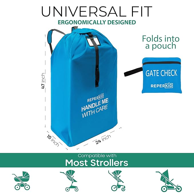 reperkid Large Stroller Bag for Airplane Travel, Blue, 47" H x 24" W x 15" D, Fits Most Large, Single, Double, Jogging Strollers – Premium Waterproof Cover, Adjustable Shoulder Straps