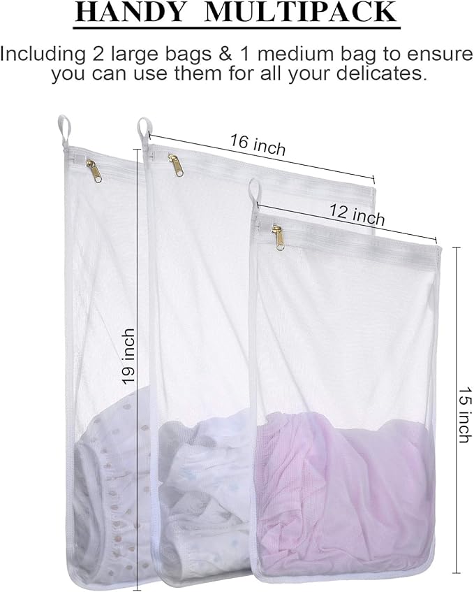 Reusable Mesh Laundry Bags, Delicates Garment Washing Bags for Travel/College, Durable Zipper Closure (2 Large 1 Medium)