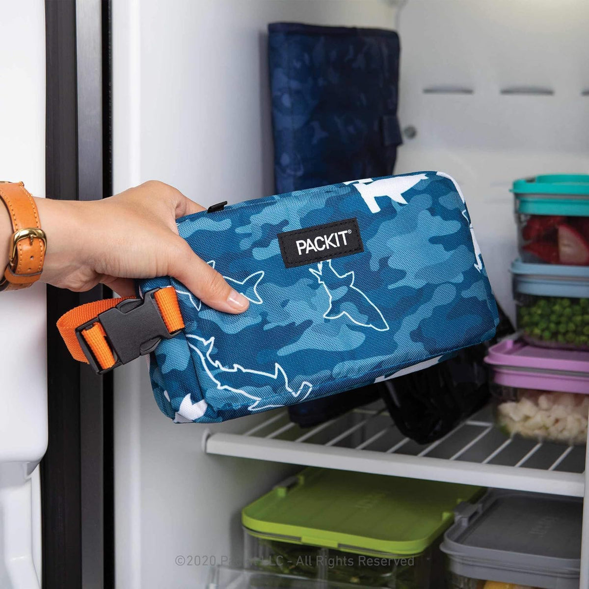 PackIt Freezable Snack Box, Camo Shark, Built with ECOFREEZE Technology, Collapsible, Reusable, Zip Closure with Buckle Handle, Great for Fresh Snacks on the go
