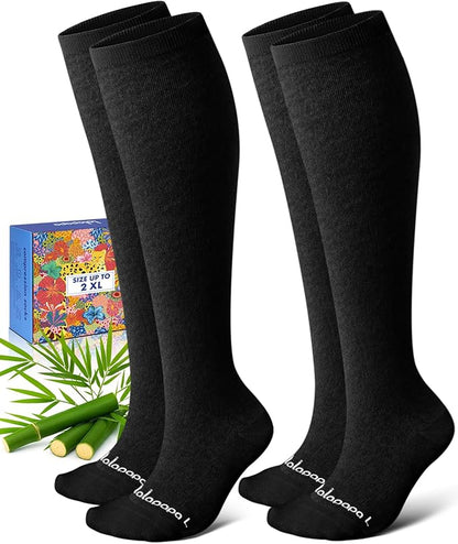 Bamboo Viscose Compression Socks for Women Men 2 Pairs 15-20mmHg Knee High Compression Socks Travel Nurse