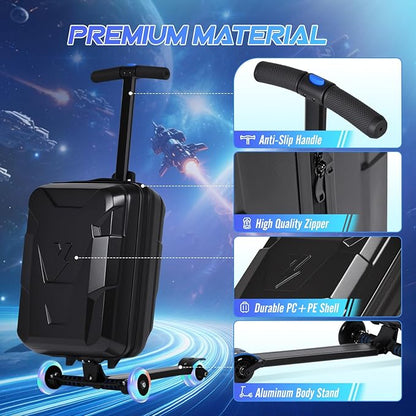 smilesun Scooter Suitcase for Kids & Adults, Foldable Carry On Travel Luggage, Hardside Ride on Scooter Suitcase with LED Light up Wheels，Black