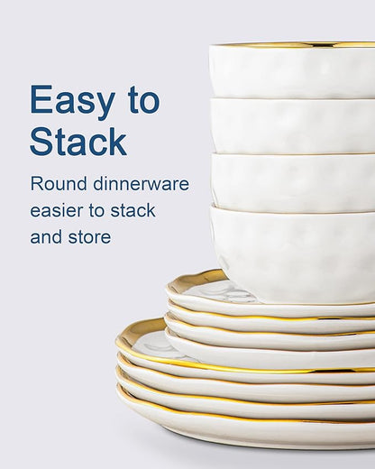 LOVECASA 12 Pieces Plates and Bowls Sets, Porcelain White and Gold Dinnerware Sets, Round Dinner Plates Dishes Set Service for 4, Dishwasher Safe and Scratch Resistant, White