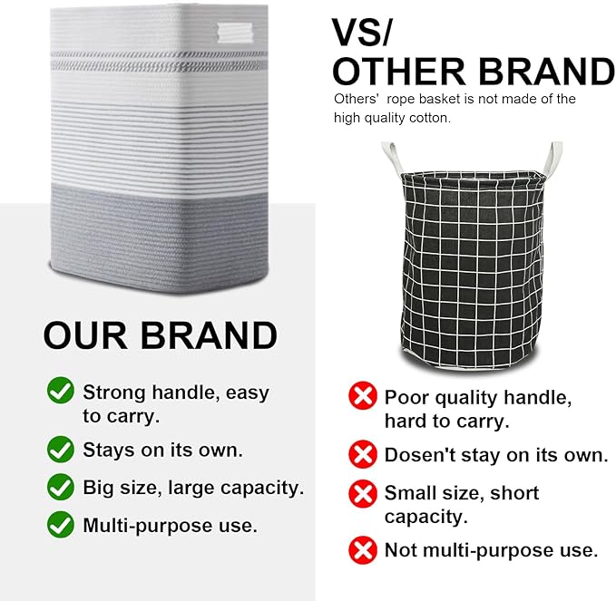 Laundry Hamper, Large Woven Rope Tall Laundry Basket with Handles, 22" X 17" X 13", Decorative Storage Basket for Clothes and Blankets in Living room, Bedroom, Grey & White