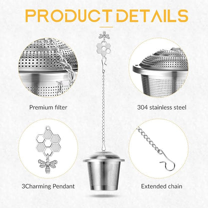 3 Sets Tea Infusers Steeper for Loose Leaf Tea Holder Stainless Steel Tea Ball Mesh Strainer Filters with Drip Trays and Pendant(Bee Style)