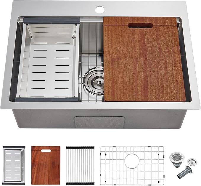 POPFLY 23×18 Inch Drop in Workstation Kitchen Sink, Handmade 18-Gauge 304 Stainless Steel Sinks Topmount 9-Inch Deep Single Bowl Modern Overmount Small Kitchen Sink with Cutting Board