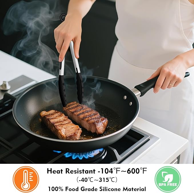 Hotec Silicone Kitchen Tongs for Cooking 9-Inch Serving Tongs with Silicone Tips, Set of 3 (Black)