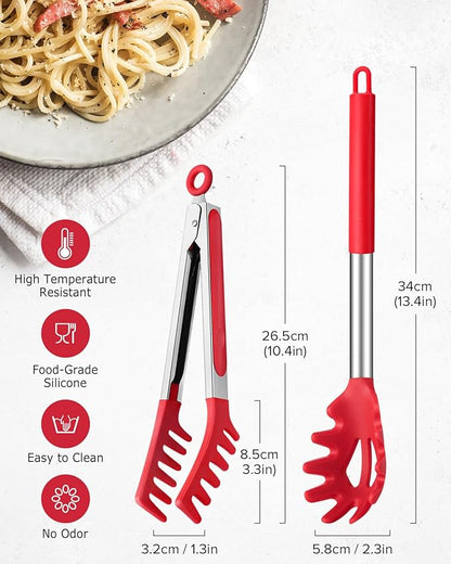 Spaghetti Spoon and Pasta Tong, Non-stick Silicone Spoon Server Fork with teeth and Stainless Steel Handle Spaghetti Tong, Food Clip for Spaghetti Noodle (RED)