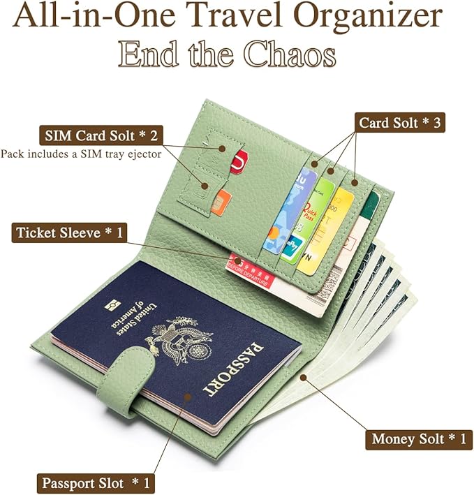 RFID Leather Passport Holder for Travel Women – Slim Passport Wallet with 1 Passport Slot & 3 Card Slots, Zippered Coin Pocket & SIM Slot – Travel Passport Cover Case (Light Green)