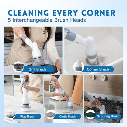 Electric Spin Scrubber,Wire Brush,Waterproof Spin Scrubber with Long Handle, Powerful Motor Cordless Cleaning Brush, Grill Cleaning Brush with Multiple Heads for Sink, Stove, Cabinets, and Kitchen