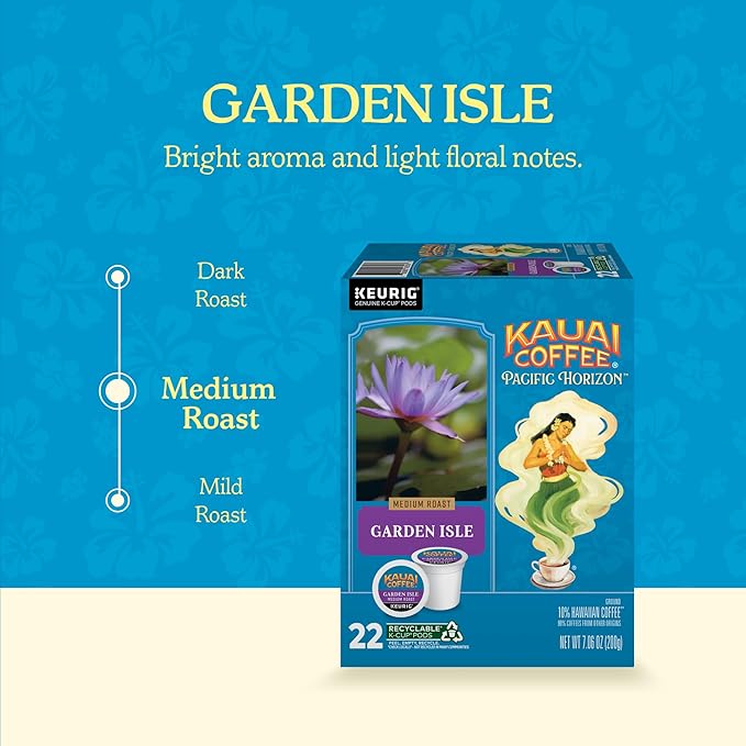 Kauai Coffee K-Cup Pods for Keurig Brewers – Arabica Coffee, 10% Hawaiian – Medium Roast, Bright Aroma With Light Floral Notes – Garden Isle, 1 Pack of 22 Single Serve K-Cups