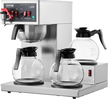 VEVOR 12 Cups Commercial Drip Coffee Maker, Coffee Maker Machine with 3 Glass Carafes and 3 Warmer Plates, Stainless Steel Pour Over Coffee Brewer with Auto Water Intake, for Restaurant Office Cafe