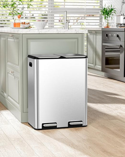 16 Gal (2 x 30 L) Dual Trash Can, Stainless Steel Kitchen Garbage Bin, Recycle Dustbin with Odor Control Box, Soft-Close Lid, Inner Buckets, Side Handle, Step Pedal, for Home Office