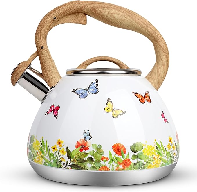 Tea Kettle, Toptier Teapot Whistling Kettle with Wood Pattern Handle Loud Whistle, Food Grade Stainless Steel Tea Pot for Stovetops Induction Water Kettle, 2.7-Quart Butterfly